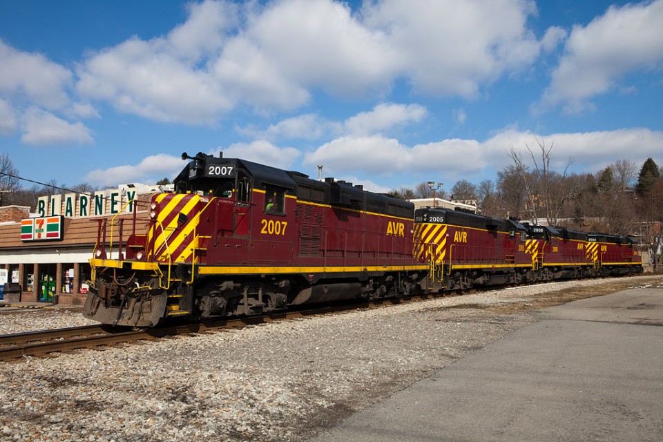 AVR 2007 leading light power returning from assisting a loaded unit sand train to Evans City, Pa. Etna, Pa. Feb 26, 2012
