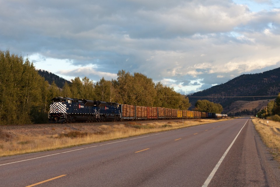 The MRL Night Gas (MRL 821) is really on the move behind two new SD70ACes (MRL 4408-4406) as it follows MT Route 200. Thankfully the sun popped out!