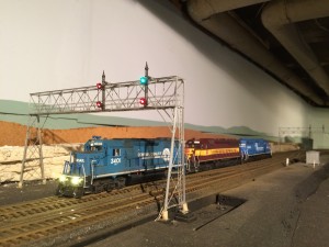 A trio of my locomotives pose for a photo on Dave Abeles' Onondaga Cutoff at CP-280.